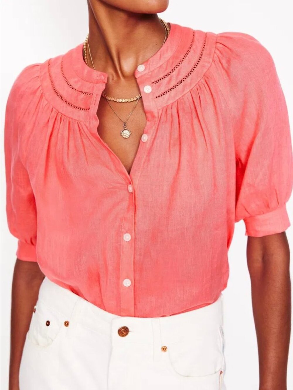Boden Pink Short Puff Sleeve Bea 100% Linen Button Front Top